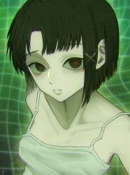 Rule 34 | 1girl, absurdres, asymmetrical bangs, bare shoulders, black eyes, black hair, blunt ends, bob cut, breasts, camisole, chromatic aberration, collarbone, commentary, eyebrows hidden by hair, hair ornament, highres, iwakura lain, looking at viewer, medium breasts, naaa aaaa3, parted lips, red pupils, serial experiments lain, shirt, short hair, signature, sleeveless, sleeveless shirt, solo, spaghetti strap, upper body, x hair ornament