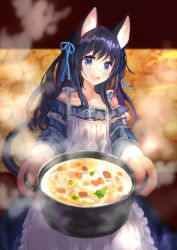 Rule 34 | 1girl, :d, animal ears, apron, bare shoulders, black hair, blue eyes, blue ribbon, cat ears, cat tail, cowboy shot, dress, food, giving, hair ribbon, highres, holding, holding food, holding pot, indoors, long hair, long sleeves, looking at viewer, mittens, off-shoulder dress, off shoulder, okishiji en, open mouth, original, outstretched arms, pot, ribbon, smile, solo, steam, stew, tail, teeth, white apron