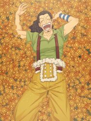 Rule 34 | 1boy, black hair, closed eyes, commentary request, curly hair, facial hair, flower, goatee, highres, long hair, long nose, male focus, one piece, open mouth, overalls, shiruko (mikan4649), short sleeves, smile, solo, teeth, usopp