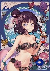 Rule 34 | 1girl, ball, bandeau, bare shoulders, beachball, bikini, blue ribbon, blush, breasts, bug, butterfly, closed mouth, cloud, collarbone, commentary request, cream, cup, disposable cup, drink, drinking straw, fate/grand order, fate (series), floral print, flower, frilled bikini, frills, hair between eyes, hair bun, hair flower, hair ornament, hair ribbon, hakuda tofu, highres, holding, holding ball, holding cup, insect, katsushika hokusai (fate), katsushika hokusai (painting summer) (fate), leaf, lifebuoy, looking at viewer, medium breasts, mountain, navel, octopus, official alternate costume, purple eyes, purple hair, ribbon, single hair bun, smile, standing, starbucks, stomach, strapless, strapless bikini, swim ring, swimsuit, waves, wrist ribbon