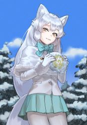 Rule 34 | 1girl, :3, animal ears, arctic fox (kemono friends), blue bow, blue bowtie, blue skirt, blush, bow, bowtie, capelet, coat, commentary request, cowboy shot, food, fox ears, fox girl, fox tail, from below, frozen, fur trim, gloves, highres, inaniku illust, japari bun, japari symbol, kemono friends, long hair, long sleeves, looking at viewer, pantyhose, pleated skirt, sidelocks, skirt, solo, tail, white capelet, white coat, white fur, white gloves, white pantyhose, winter clothes, winter coat, yellow eyes