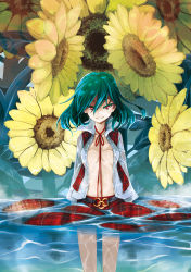 Rule 34 | 1girl, afloat, aqua hair, breasts, floating, flower, in water, ishida kazuma, kazami yuuka, looking at viewer, midriff, navel, no bra, open clothes, open shirt, open vest, red eyes, ribbon, shirt, skirt, skirt set, smile, solo, standing, sunflower, touhou, vest, wading, water