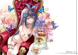 Rule 34 | 1girl, absurdres, bare shoulders, black hair, blush, bow, bow bra, bow panties, bra, breasts, brown hair, bug, butterfly, chair, criss-cross halter, cup, detached collar, flower, food, fork, frills, halterneck, highres, holding, insect, long hair, looking at viewer, medium breasts, miwabe sakura, original, panties, parted lips, pastry, ribbon, scan, scone, simple background, single thighhigh, sitting, smile, solo, steam, table, tea, teacup, thigh strap, thighhighs, thighs, tiered tray, underwear, underwear only