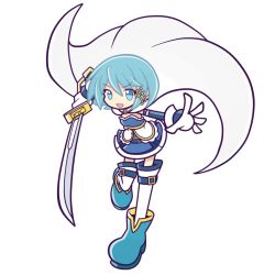 Rule 34 | blue eyes, blue footwear, blue hair, blue shirt, blue skirt, blue theme, cape, elbow gloves, fortissimo, frilled shirt, frills, gloves, hair ornament, holding, holding sword, holding weapon, looking at viewer, mahou shoujo madoka magica, mahou shoujo madoka magica (anime), midriff, miki sayaka, musical note, musical note hair ornament, open mouth, parody, puyopuyo, rii (icedsalt), saber (weapon), shirt, short hair, skirt, smile, solo, soul gem, style parody, sword, thighhighs, transparent background, weapon, white cape, white gloves, white thighhighs