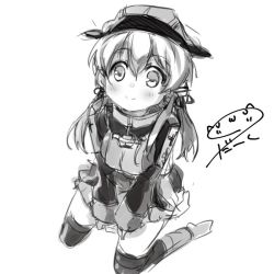 Rule 34 | 10s, 1girl, anchor hair ornament, bad id, bad twitter id, blush, darkside, from above, greyscale, hair ornament, hair ribbon, hat, kantai collection, long hair, long sleeves, military, military uniform, miniskirt, monochrome, over-kneehighs, peaked cap, pleated skirt, prinz eugen (kancolle), ribbon, signature, simple background, sitting, skirt, smile, solo, thighhighs, twintails, uniform, white background