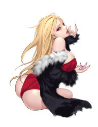 Rule 34 | 1girl, ass, black jacket, blonde hair, breasts, ear piercing, earrings, fingernails, from behind, head tilt, invisible chair, jacket, jewelry, large breasts, long hair, looking at viewer, looking back, nail polish, original, parted lips, piercing, purple nails, red eyes, simple background, sitting, siun, solo, white background