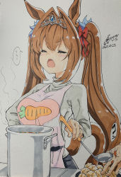 Rule 34 | 1boy, 1girl, absurdres, animal ears, annoyed, apron, blush, bow, breasts, brown hair, carrot print, chicken (food), closed eyes, cooking, cototiworld, daiwa scarlet (umamusume), dated, fang, food, food print, fried chicken, grey sweater, hair bow, heart, heart print, highres, hitting, holding, holding ladle, horse ears, horse girl, horse tail, jewelry, karaage, ladle, large breasts, long hair, long sleeves, marker (medium), open mouth, pink apron, plate, pot, print apron, reaching, red bow, ring, sidelocks, signature, speech bubble, steam, stew, sweat, sweater, tail, tiara, traditional media, twintails, umamusume, upper body, wedding band
