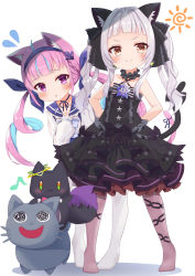 Rule 34 | 2girls, :o, absurdres, aged down, ahoge, anchor hair ornament, animal ear fluff, animal ears, black bow, black dress, black ribbon, blue choker, blue hair, blue hairband, blue sailor collar, blunt bangs, blush, bow, brown eyes, brown legwear, cat ears, cat girl, cat tail, choker, closed mouth, collarbone, colored inner hair, commentary request, divergenceok, dress, drill hair, flying sweatdrops, frilled bow, frilled choker, frilled ribbon, frilled sailor collar, frills, full body, gothic lolita, hair ornament, hair ribbon, hairband, halter dress, halterneck, highres, hololive, lolita fashion, long hair, long sleeves, looking at viewer, minato aqua, minato aqua (sailor), multicolored hair, multiple girls, murasaki shion, murasaki shion (gothic lolita), musical note, neko (minato aqua), no shoes, pantyhose, parted lips, pink hair, puffy long sleeves, puffy sleeves, purple eyes, ribbon, sailor collar, shiokko (murasaki shion), shirt, short eyebrows, sidelocks, silver hair, simple background, sleeves past fingers, sleeves past wrists, smile, standing, tail, tail bow, tail ornament, twin drills, twintails, virtual youtuber, white background, white legwear, white shirt