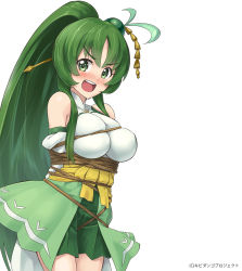 Rule 34 | 1girl, :d, antenna hair, bare shoulders, bdsm, blush, bondage, bound, breasts, detached sleeves, errant, green eyes, green hair, hair ornament, hair stick, kushinada (momo kyun sword), large breasts, long hair, looking at viewer, matching hair/eyes, momo kyun sword, open mouth, ponytail, rope, smile, solo, very long hair