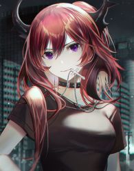 Rule 34 | 1girl, arknights, bad id, bad pixiv id, black choker, black shirt, breasts, choker, cross, cross necklace, female focus, gradient background, grey background, hair between eyes, highres, horns, indoors, jewelry, long hair, looking at viewer, medium breasts, mike (kayomire), mouth hold, necklace, official alternate costume, purple eyes, red hair, shirt, short sleeves, smile, solo, surtr (arknights), surtr (liberte echec) (arknights), upper body