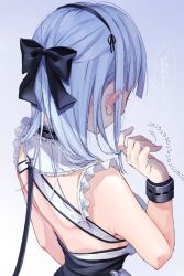 Rule 34 | 1girl, arm up, armpits, azur lane, back, backless dress, backless outfit, blue hair, blush, bow, bracelet, breasts, chigusa minori, commentary request, dido (azur lane), dress, ear blush, facing away, hair bow, twirling hair, hairband, jewelry, large breasts, looking away, maid, ponytail, short hair, sideboob, solo, translation request