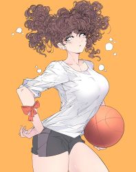 Rule 34 | 1girl, ball, basketball, basketball (object), black shorts, bow, breasts, bright pupils, brown hair, curly hair, elliemaplefox, hand on own hip, highres, holding, holding ball, large breasts, original, red bow, shirt, shorts, simple background, solo, white pupils, white shirt, yellow background