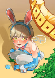 Rule 34 | 1boy, animal ears, blonde hair, blue gloves, blue suit, blush, carrot, crossdressing, detached collar, elbow gloves, formal, from above, gloves, heart, highres, holding, holding carrot, leotard, looking at viewer, looking up, male focus, mubo, original, pantyhose, playboy bunny, rabbit ears, school uniform, serafuku, sitting, suit, thank you, trap, twitter bird, white pantyhose, wrist cuffs, yellow eyes