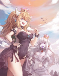 Rule 34 | 2girls, :d, armlet, bare shoulders, bird, black leotard, black nails, blonde hair, blue eyes, bowsette, bracelet, breasts, cleavage, clenched hand, cloud, collar, crown, dress, earrings, fangs, gloves, hand on own hip, highres, horns, jewelry, kuzel (bonolangje), leotard, long hair, looking at viewer, luigi&#039;s mansion, mario (series), medium breasts, multiple girls, nail polish, new super mario bros. u deluxe, nintendo, open mouth, outdoors, pale skin, pointy ears, ponytail, princess king boo, puffy short sleeves, puffy sleeves, purple tongue, red eyes, short sleeves, smile, spiked armlet, spiked bracelet, spiked collar, spikes, standing, strapless, strapless leotard, sunset, super crown, tongue, tongue out, white dress, white gloves, white hair