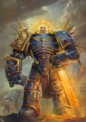 Rule 34 | 6+boys, armor, armored boots, blonde hair, blue armor, bolter, boots, breastplate, cloud, cloudy sky, flaming sword, flaming weapon, full armor, gauntlets, glowing, glowing eyes, gold trim, greaves, halo, helmet, holding, holding sword, holding weapon, imperium of man, looking at viewer, metal wings, multiple boys, no pupils, ornate, ornate armor, pauldrons, power armor, primarch, purity seal, ricardomunoz, roboute guilliman, short hair, shoulder armor, sky, solo focus, space marine, sword, vambraces, warhammer 40k, weapon, white eyes