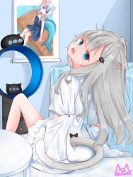 Rule 34 | 1girl, absurdres, animal ears, arm support, bladeless fan, blue eyes, borrowed character, cat ears, cat girl, channmirunya, clothing cutout, electric fan, gawr gura, gawr gura (casual), grey hair, hair ornament, highres, hololive, hololive english, indoors, long hair, looking back, nachoneko, open mouth, original, poster (object), sleeves past fingers, sleeves past wrists, solo, tail, tail through clothes, virtual youtuber