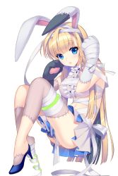Rule 34 | 1girl, animal ears, animal hands, blonde hair, blue eyes, high heels, highres, long hair, looking at viewer, navel, official art, parted lips, rabbit ears, shirahane nao, shoes, shura (soccer spirits), single shoe, sitting, soccer spirits, solo, stitches, transparent background, very long hair