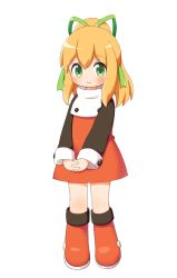 Rule 34 | 1girl, black shirt, blonde hair, blush, boots, closed mouth, dress, flat chest, green eyes, green ribbon, hair between eyes, hair ribbon, interlocked fingers, knee boots, long hair, long sleeves, looking at viewer, mega man (classic), mega man (series), own hands clasped, own hands together, ponytail, potte (hiyorikawa), red dress, red footwear, ribbon, roll (mega man), shirt, sidelocks, simple background, smile, solo, standing, turtleneck, turtleneck dress, undershirt, white background