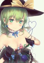 Rule 34 | 1girl, armpits, bare shoulders, black gloves, blue ribbon, blush, boots, breasts, candy, choker, closed mouth, commentary, cross-laced footwear, culter, dress, earrings, food, frills, gloves, green dress, green eyes, green hair, hat, heart, heart in eye, heart of string, jewelry, komeiji koishi, lace-up boots, looking at viewer, ribbon, short hair, smile, solo, symbol in eye, third eye, touhou