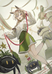 Rule 34 | 1girl, :d, absurdres, animal ear fluff, animal ears, arknights, bare shoulders, beanstalk (arknights), beanstalk (gift uncompleted) (arknights), bell, box, braid, brown hair, creature, dress, dutch angle, gift, gift box, green dress, grey socks, hair ornament, hair over shoulder, hairband, hairclip, highres, holding, holding ribbon, leg up, long hair, long sleeves, looking at viewer, metal crab (arknights), natsuba002, neck bell, off-shoulder sweater, off shoulder, official alternate costume, open mouth, orange eyes, red hairband, red ribbon, ribbon, single braid, smile, socks, solo, standing, standing on one leg, star (symbol), sweater, white sweater