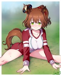 Rule 34 | 1girl, animal ears, aston machan (umamusume), blush, breasts, brown hair, buruma, collarbone, commentary, crown, feet out of frame, green eyes, gym shirt, hair ornament, hair scrunchie, highres, horse ears, horse girl, jacket, kantaka, large breasts, long hair, looking at viewer, one side up, red scrunchie, scrunchie, shirt, signature, smile, solo, stretching, tracen training uniform, track jacket, umamusume