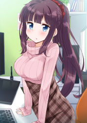 Rule 34 | 1girl, absurdres, black hair, blue eyes, blunt bangs, breasts, brown skirt, chair, commentary request, desk, drawing tablet, highres, keyboard (computer), large breasts, long hair, monitor, mousou (mousou temporary), new game!, pink sweater, plaid, plaid skirt, ponytail, ribbed sweater, sidelocks, skirt, sleeves past wrists, solo, standing, sweater, takimoto hifumi, very long hair