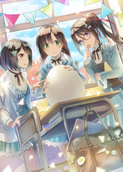 Rule 34 | 3girls, bag, black ribbon, blue sky, braid, brown eyes, chair, classroom, cloud, commentary request, day, desk, egg, egg keychain, egg yolk, glasses, green eyes, hair ornament, hairclip, handbag, highres, holding, indoors, charm (object), long hair, long sleeves, multiple girls, naruse chisato, notebook, original, oversized object, ponytail, purple eyes, red-framed eyewear, ribbon, school, school chair, school desk, school uniform, short hair, sky, smile, standing, twin braids, twintails, window
