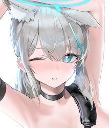 Rule 34 | 1girl, animal ear fluff, animal ears, armpits, arms up, black choker, blue archive, blue eyes, blue halo, blush, choker, cross hair ornament, extra ears, grey background, grey hair, hair ornament, halo, highres, kazane-wind, looking at viewer, medium hair, one eye closed, open mouth, shiroko (blue archive), shiroko (swimsuit) (blue archive), simple background, solo, upper body, wolf ears