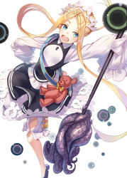 Rule 34 | 1girl, :d, abigail williams (fate), abigail williams (festival outfit) (fate), black dress, black footwear, blonde hair, bloomers, blue eyes, blush, braid, butterfly hair ornament, commentary request, dress, fate/grand order, fate (series), forehead, hair ornament, holding, keyhole, long hair, long sleeves, official alternate costume, open mouth, parted bangs, renka (renkas), round teeth, shirt, shoes, sidelocks, simple background, sleeveless, sleeveless dress, sleeves past fingers, sleeves past wrists, smile, solo, stuffed animal, stuffed toy, teddy bear, teeth, tentacles, underwear, upper teeth only, very long hair, white background, white bloomers, white shirt