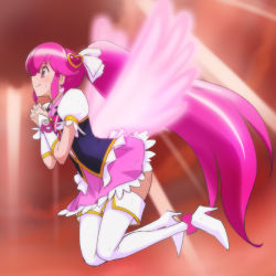 Rule 34 | 10s, 1girl, aino megumi, boots, cure lovely, hair ornament, happinesscharge precure!, haruyama kazunori, heart, heart hair ornament, long hair, magical girl, pink eyes, pink hair, ponytail, precure, solo, thigh boots, thighhighs, very long hair, white footwear, white thighhighs, wide ponytail, wings