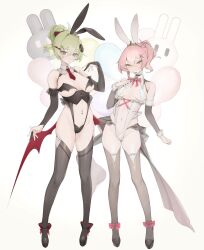Rule 34 | 2girls, absurdres, animal ears, balloon, black thighhighs, breasts, brown eyes, closed mouth, detached sleeves, fake animal ears, full body, green hair, hair ornament, heart, heart hair ornament, highres, kuroshiro ti, large breasts, leotard, looking at viewer, low wings, medium breasts, multiple girls, navel piercing, necktie, open mouth, original, parted lips, piercing, pink hair, ponytail, rabbit balloon, rabbit ears, red necktie, red wings, simple background, standing, thighhighs, wings, yellow eyes