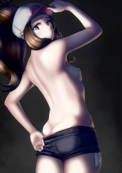 Rule 34 | 1girl, ass, bare arms, bare back, baseball cap, blue eyes, breasts, brown hair, butt crack, clothes pull, creatures (company), flat ass, from behind, game freak, half-closed eyes, hat, hat tip, hilda (pokemon), looking back, nintendo, nipples, open mouth, panties, pink panties, pokemon, pokemon bw, ponytail, short shorts, shorts, shorts pull, small breasts, smile, solo, topless, toro (trtr29), underwear