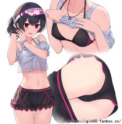Rule 34 | 1girl, ass, bikini, bikini under clothes, black bikini, black hair, black skirt, breasts, cameltoe, cleft of venus, clothes lift, clothing cutout, crop top, crop top overhang, gin00, grey shirt, hair ornament, hair scrunchie, idolmaster, idolmaster shiny colors, jewelry, long hair, looking at viewer, midriff, miniskirt, morino rinze, multiple views, navel, necklace, open mouth, plaid, plaid shirt, scrunchie, shirt, shirt lift, shoulder cutout, side ponytail, simple background, skirt, small breasts, smile, stomach, swimsuit, visor cap, watermark, white background