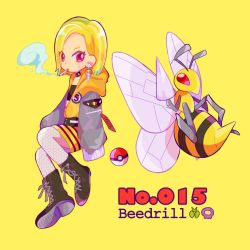 Rule 34 | 1girl, bad id, bad pixiv id, beedrill, black footwear, blonde hair, character name, cigarette, creatures (company), earrings, female focus, full body, game freak, gen 1 pokemon, hood, hood down, hoodie, invisible chair, jacket, jewelry, looking at viewer, medium hair, mouth hold, narumame, nintendo, orange jacket, orange skirt, pantyhose, personification, poke ball, poke ball (basic), pokedex number, pokemon, pokemon (creature), red eyes, simple background, sitting, skirt, sleeves past fingers, sleeves past wrists, smoking, striped clothes, striped skirt, white pantyhose, yellow background