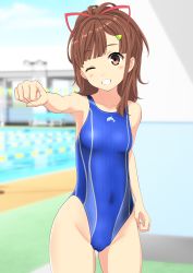 Rule 34 | 1girl, absurdres, bench, blue sky, blue one-piece swimsuit, blurry, breasts, brown eyes, brown hair, cloud, commentary request, competition swimsuit, cowboy shot, day, depth of field, grin, high school fleet, highleg, highleg swimsuit, highres, irizaki mei, long hair, looking at viewer, one-piece swimsuit, outdoors, ponytail, pool, punching, sky, small breasts, smile, solo, swimsuit, takafumi