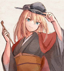 Rule 34 | 1girl, alternate costume, bismarck (kancolle), blonde hair, blue eyes, commentary request, grey background, grey kimono, hat, holding, holding clothes, holding hat, holding smoking pipe, japanese clothes, kantai collection, kimono, long hair, looking at viewer, peaked cap, smoking pipe, solo, upper body, wss (nicoseiga19993411)