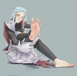 1girl absurdres barefoot blue_hair crossed_legs feet highres johnsonhhh light_blue_hair long_hair looking_at_viewer mato_seihei_no_slave parted_lips sharp_teeth smile soles teeth toes wakura_aoba yellow_eyes