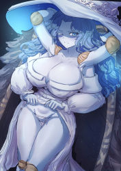 Rule 34 | 1girl, absurdres, alternate breast size, angry, blue eyes, blue hair, blue skin, breasts, clothes, clothes grab, colored skin, elden ring, female focus, from software, grabbing, hat, highres, huge breasts, looking at viewer, multiple arms, one eye closed, panties, ranni the witch, robe, solo, string panties, underwear, witch, witch hat