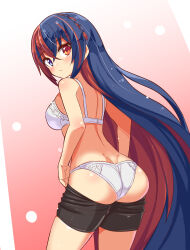 Rule 34 | 1girl, alear (female) (fire emblem), alear (fire emblem), ass, bare shoulders, bike shorts, blue eyes, blue hair, blush, bra, breasts, butt crack, clothes pull, cougar (cougar1404), dimples of venus, fire emblem, fire emblem engage, heterochromia, long hair, looking at viewer, looking back, medium breasts, multicolored hair, nintendo, red eyes, red hair, short shorts, shorts, shorts pull, sideboob, solo, underwear, very long hair, wedgie
