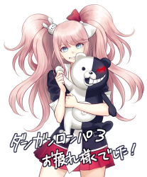 Rule 34 | 10s, blue eyes, bow, danganronpa (series), danganronpa 3 (anime), enoshima junko, hair bow, hair ornament, long hair, looking at viewer, minamibe, monokuma, necktie, parted lips, rabbit hair ornament, red skirt, skirt, spoilers, standing, text focus, translation request, twintails, white background, white necktie