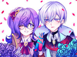 Rule 34 | 1boy, 1girl, alternate costume, blue eyes, blue flower, blue gloves, blue rose, blush, commentary, elsword, english commentary, flower, glasses, gloves, hair between eyes, hair ornament, highres, holding hands, light purple hair, long hair, looking at another, looking to the side, mimimou400, noah ebalon, nyx pieta (elsword), one eye closed, petals, purple eyes, purple flower, purple hair, purple rose, red gloves, rose, short hair, side ponytail, sidelocks, simple background, smile, teeth, upper body, valentine, white background, yuria landar