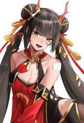 Rule 34 | 1girl, absurdres, bandaid, bandaid on face, black hair, black survival, blush, breasts, chinese clothes, cleavage, collarbone, cowboy shot, doroti., double bun, eternal return: black survival, hair bun, highres, li dailin, long hair, looking at viewer, official alternate costume, open mouth, simple background, small breasts, solo, twintails, very long hair, white background, yellow eyes