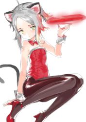 Rule 34 | 1girl, animal ears, arm up, bare shoulders, black pantyhose, bow, bowtie, cat ears, cat tail, detached collar, elin, emily (pure dream), expressionless, high heels, highres, kittysuit, leotard, magic, nontraditional playboy bunny, pantyhose, ponytail, red leotard, shoes, short hair, silver hair, sitting, solo, strapless, strapless leotard, tail, tera online, wrist cuffs, yellow eyes