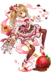 Rule 34 | 1girl, bag, blueberry, bow, brown eyes, brown hair, brown thighhighs, candy, chocolate, chocolate heart, choker, crown, cup, dessert, doughnut, flower, food, food-themed ornament, fork, frills, fruit, full body, handbag, heart, highres, long hair, looking at viewer, moyon, original, pastry, personification, pink bow, pink flower, pink rose, pink skirt, pocketland, red bow, rose, shoes, skirt, solo, spoon, strawberry, striped clothes, striped skirt, stuffed animal, stuffed toy, teacup, teapot, teddy bear, thighhighs, transparent background, twintails, vertical-striped clothes, vertical-striped skirt, whipped cream, white background