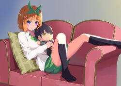 Rule 34 | 1girl, :&lt;, absurdres, black hair, black socks, blue eyes, blush, character doll, closed mouth, collared shirt, commentary, convenient leg, couch, foot out of frame, four-leaf clover day, go-toubun no hanayome, green ribbon, green skirt, hair between eyes, hair ribbon, highres, holding, holding stuffed toy, indoors, kneehighs, knees up, leaning back, long sleeves, looking at viewer, medium hair, miniskirt, nakano yotsuba, no shoes, on couch, orange hair, pleated skirt, ribbon, school uniform, shirt, short hair, sitting, skirt, smile, socks, solo, straight hair, stuffed toy, uesugi fuutarou, white shirt, yasuba yuichi, yellow eyes