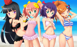 Rule 34 | 4girls, ageha (sister quest), bikini, black hair, bow, breasts, butterfly, butterfly hair ornament, casual one-piece swimsuit, chiffon (sister quest), cleavage, green eyes, hair ornament, hat, highres, long hair, medium breasts, mole, mole under eye, multiple girls, one-piece swimsuit, orange hair, purple eyes, purple hair, red hair, sarong, short hair, sister quest, sister quest iii, small breasts, stella (sister quest), swimsuit, takappe, tateha (sister quest), twintails, yellow bow