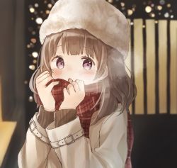 Rule 34 | 1girl, :o, blurry, blurry background, blush, breath, brown hair, brown hat, commentary request, depth of field, fur hat, hands up, hat, jacket, long sleeves, looking at viewer, original, parted lips, plaid, plaid scarf, purple eyes, red scarf, scarf, shano-pirika, sleeves past wrists, solo, white jacket
