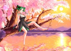 Rule 34 | 1girl, artist name, bare legs, bare shoulders, barefoot, bishoujo senshi sailor moon, bishoujo senshi sailor moon crystal, black dress, black moon clan, black skirt, blush, burbur, cherry blossoms, colorful, commentary, curly hair, dark green hair, dress, english commentary, evening, facing viewer, feet, finger to mouth, fingernails, full body, green eyes, green hair, green nails, index finger raised, looking at viewer, mixed-language commentary, mountain, nail polish, no shoes, open mouth, orange sky, parted lips, river, scenery, short dress, short hair, sitting, skirt, sky, sleeveless, sleeveless dress, smile, solo, sunset, teeth, tellu (sailor moon), tree, water, watermark, witches 5
