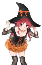 Rule 34 | 1girl, breasts, chigusa asuha, cleavage, downblouse, frilled skirt, frills, halloween, hat, hat tug, long hair, qualidea code, red eyes, red hair, see-through, sekiya asami, skirt, small breasts, solo, thighhighs, white background, witch hat