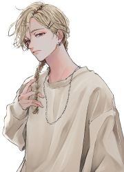 Rule 34 | 1boy, blonde hair, braid, brown sweater, closed mouth, earrings, en (e898n), hair ornament, hairpin, haitani ran, hand up, highres, jewelry, long hair, looking at viewer, male focus, necklace, purple eyes, simple background, single braid, single earring, sleeves past wrists, solo, sweater, tokyo revengers, upper body, white background